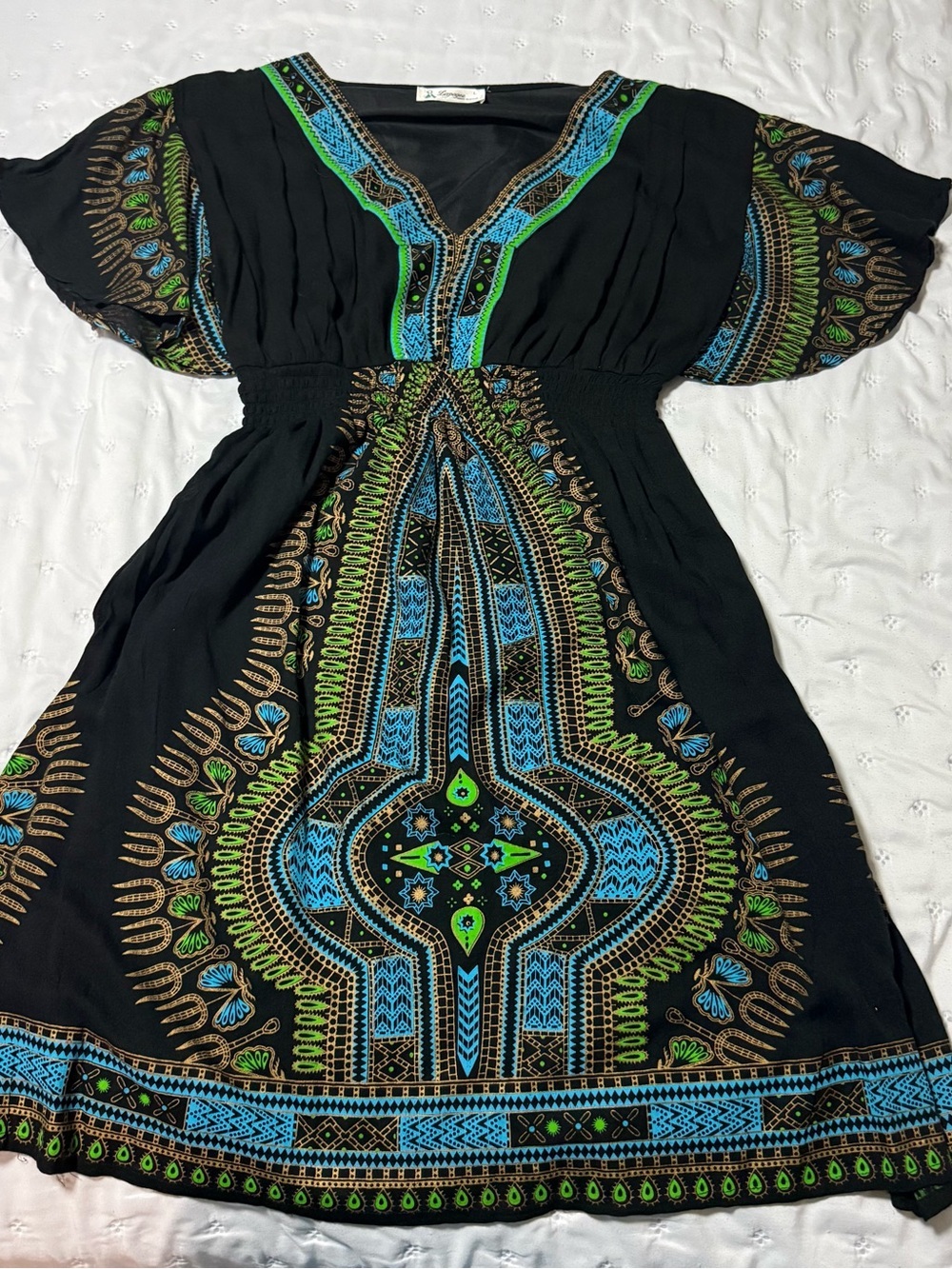 Black Embroidered V-Neck Midi Dress with Blue & Green Accents
